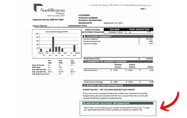 Example of net metering billing statement with arrow pointing to the important account information section